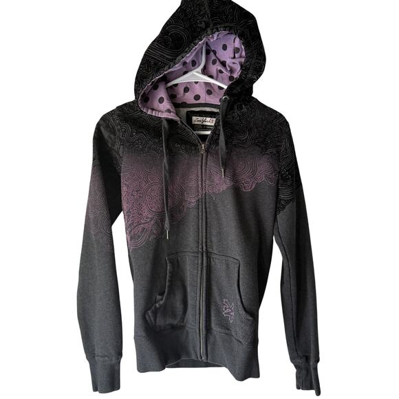 Zoo York Hoodie Y2k Vintage Medium Gray Purple Full Zip Skater Velvet Burnout - Picture 1 of 7